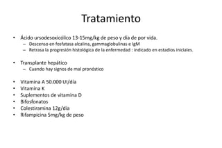 Tratamiento 
• Ácido ursodesoxicólico 13-15mg/kg de peso y día de por vida. 
– Descenso en fosfatasa alcalina, gammaglobulinas e IgM 
– Retrasa la progresión histológica de la enfermedad : indicado en estadios iniciales. 
• Transplante hepático 
– Cuando hay signos de mal pronóstico 
• Vitamina A 50.000 UI/día 
• Vitamina K 
• Suplementos de vitamina D 
• Bifosfonatos 
• Colestiramina 12g/día 
• Rifampicina 5mg/kg de peso 
 