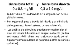 Bilirrubina total y bilirrubina directa 
0 a 0,3 mg/dl 0,3 a 1,9 mg/dl 
• La bilirrubina es un derivado de la degradación de los 
glóbulos rojos. 
• Por lo general, pasa a través del hígado y es eliminada 
del organismo. Pero si esto no ocurre = ictericia. 
• Los análisis de bilirrubina pueden ser total (miden el 
nivel de toda la bilirrubina en sangre) o directa (miden 
solamente la bilirrubina que ha sido procesada por el 
hígado y como resultado se ha unido a otras sustancias 
químicas). 
 