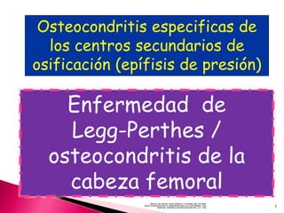 BRUCE SALTER RO.TRASTORNOS Y LESIONES DEL SISTEMA
MUSCULOESQUELETICO/ INTRODUCCION A LA ORTOPEDIA, 3RA
EDICION, ESPAÑA,ELSEVIER MASSON PAG 371-409 1
Osteocondritis especificas de
los centros secundarios de
osificación (epífisis de presión)
Enfermedad de
Legg-Perthes /
osteocondritis de la
cabeza femoral
 