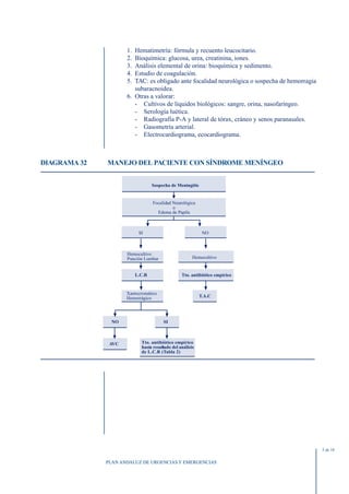 1. Hematimetría: fórmula y recuento leucocitario.
                     2. Bioquímica: glucosa, urea, creatinina, iones.
                     3. Análisis elemental de orina: bioquímica y sedimento.
                     4. Estudio de coagulación.
                     5. TAC: es obligado ante focalidad neurológica o sospecha de hemorragia
                        subaracnoidea.
                     6. Otras a valorar:
                        - Cultivos de líquidos biológicos: sangre, orina, nasofaríngeo.
                        - Serología luética.
                        - Radiografía P-A y lateral de tórax, cráneo y senos paranasales.
                        - Gasometría arterial.
                        - Electrocardiograma, ecocardiograma.



DIAGRAMA 32   MANEJO DEL PACIENTE CON SÍNDROME MENÍNGEO


                                  Sospecha de Meningitis


                                  Focalidad Neurológica
                                            o
                                    Edema de Papila



                           SI                               NO



                     Hemocultivo
                     Punción Lumbar                    Hemocultivo


                          L.C.R                  Tto. antibiótico empírico


                     Xantocromático
                     Hemorrágico                           T.A.C




               NO                      SI



               AVC          Tto. antibiótico empírico
                            hasta resultado del análisis
                            de L.C.R (Tabla 2)




                                                                                               5 de 10


              PLAN ANDALUZ DE URGENCIAS Y EMERGENCIAS
 