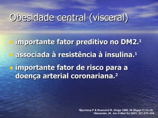 Obesidade central (visceral) importante fator preditivo no DM2. 1 associada à resistência à insulina. 1 importante fator de risco para a doença arterial coronariana. 2 1 Bjorntorp P & Rosmond R.  Drugs  1999; 58 (Suppl 1):13–18.  2 Alexander JK.  Am H Med Sci  2001; 321:215–224. 