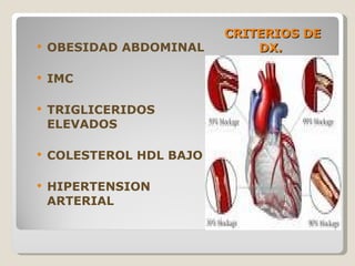 CRITERIOS DE DX.  OBESIDAD ABDOMINAL IMC TRIGLICERIDOS ELEVADOS COLESTEROL HDL BAJO HIPERTENSION ARTERIAL  