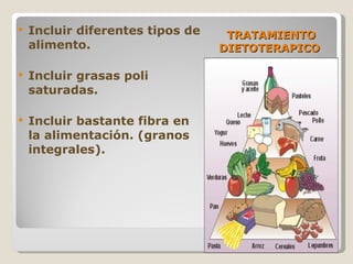 TRATAMIENTO DIETOTERAPICO  Incluir diferentes tipos de alimento. Incluir grasas poli saturadas. Incluir bastante fibra en la alimentación. (granos integrales). 