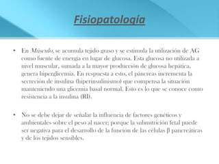 Fisiopatología

• En Músculo, se acumula tejido graso y se estimula la utilización de AG
  como fuente de energía en lugar de glucosa. Esta glucosa no utilizada a
  nivel muscular, sumada a la mayor producción de glucosa hepática,
  genera hiperglicemia. En respuesta a esto, el páncreas incrementa la
  secreción de insulina (hiperinsulinismo) que compensa la situación
  manteniendo una glicemia basal normal. Esto es lo que se conoce como
  resistencia a la insulina (RI).

• No se debe dejar de señalar la influencia de factores genéticos y
  ambientales sobre el peso al nacer; porque la subnutrición fetal puede
  ser negativa para el desarrollo de la función de las células β pancreáticas
  y de los tejidos sensibles.
 