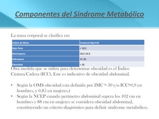 Componentes del Síndrome Metabólico

La masa corporal se clasifica en:
Índice de Masa                       Corporal (Kg/m2)

Bajo Peso                            < 18,5

Normopeso                            18,5-24,9

Sobrepeso                            25-30

Obesidad                             > 30
Otra medida que se utiliza para determinar obesidad es el Índice
Cintura/Cadera (ICC), Este es indicativo de obesidad abdominal.

• Según la OMS obesidad esta definida por IMC > 30 y/o ICC>0,9 en
  hombres, y 0,85 en mujeres.)
• Según la NCEP cuando perímetro abdominal supera los 102 cm en
  hombres y 88 cm en mujeres se considera obesidad abdominal,
  constituyendo un criterio diagnóstico para definir síndrome metabólico.
 
