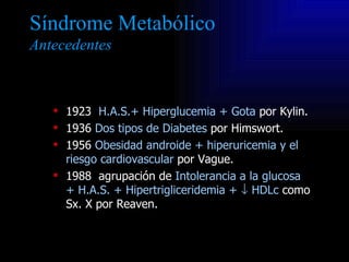 Síndrome Metabólico
Antecedentes



    1923 H.A.S.+ Hiperglucemia + Gota por Kylin.
    1936 Dos tipos de Diabetes por ...