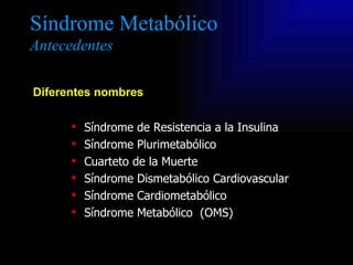 Síndrome Metabólico
Antecedentes

Diferentes nombres

         Síndrome de Resistencia a la Insulina
         Síndrome P...