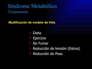 Síndrome Metabólico
Tratamiento

Beneficio de la perdida de 10 Kg. de peso


          Diabetes
             30 – 50 % d...