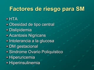 Factores de riesgo para SM
HTA
Obesidad de tipo central
Dislipidemia
Acantosis Nigricans
Intolerancia a la glucosa
DM gestacional
Sindrome Ovario Poliquístico
Hiperuricemia
Hiperinsulinemia
 