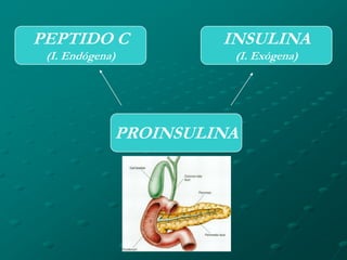 PEPTIDO C             INSULINA
 (I. Endógena)         (I. Exógena)




             PROINSULINA
 