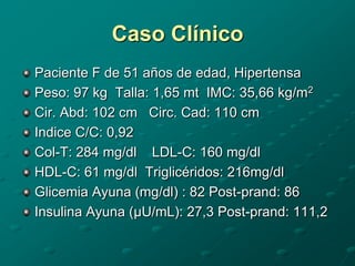 Caso Clínico
Paciente F de 51 años de edad, Hipertensa
Peso: 97 kg Talla: 1,65 mt IMC: 35,66 kg/m2
Cir. Abd: 102 cm Circ. Cad: 110 cm
Indice C/C: 0,92
Col-T: 284 mg/dl LDL-C: 160 mg/dl
HDL-C: 61 mg/dl Triglicéridos: 216mg/dl
Glicemia Ayuna (mg/dl) : 82 Post-prand: 86
Insulina Ayuna (µU/mL): 27,3 Post-prand: 111,2
 