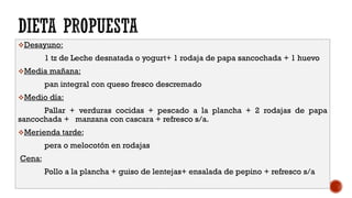 ❖Desayuno:
1 tz de Leche desnatada o yogurt+ 1 rodaja de papa sancochada + 1 huevo
❖Media mañana:
pan integral con queso fresco descremado
❖Medio día:
Pallar + verduras cocidas + pescado a la plancha + 2 rodajas de papa
sancochada + manzana con cascara + refresco s/a.
❖Merienda tarde:
pera o melocotón en rodajas
Cena:
Pollo a la plancha + guiso de lentejas+ ensalada de pepino + refresco s/a
 