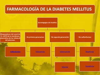 FARMACOLOGÍA DE LA DIABETES MELLITUS

                                             Secretagogos de Insulina:




Bloqueadores del canal de
K+ (ATP) de la membrana
                              · De primera generacion:       · De segunda generación:   · No sulfonilureas:
plasmática de las células β
      del páncreas.




             Sulfonilureas:               Tolbutamida                    Giblencamida             Meglitinida




                                                                           Glipizida              Repaglinida
 