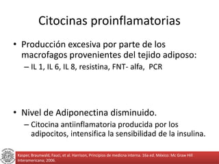 Citocinas proinflamatorias 
• Producción excesiva por parte de los 
macrofagos provenientes del tejido adiposo: 
– IL 1, I...