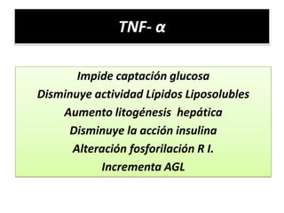 TNF- α

       Impide captación glucosa
Disminuye actividad Lípidos Liposolubles
    Aumento litogénesis hepática
     Disminuye la acción insulina
      Alteración fosforilación R I.
           Incrementa AGL
 