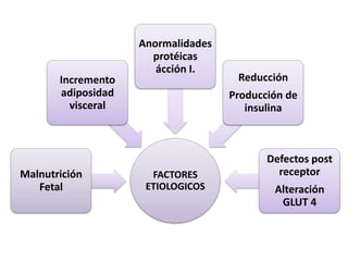 Anormalidades
                      protéicas
                       ácción I.
       Incremento                    Reducción
       adiposidad                   Producción de
         visceral                      insulina



                                           Defectos post
Malnutrición          FACTORES               receptor
   Fetal             ETIOLOGICOS            Alteración
                                             GLUT 4
 