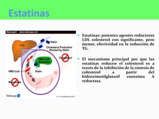Estatinas <ul><li>Estatinas: potentes agentes reductores LDL colesterol con significante, pero menor, efectividad en la re...