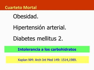 Cuarteto Mortal <ul><ul><li>Obesidad. </li></ul></ul><ul><ul><li>Hipertensión arterial. </li></ul></ul><ul><ul><li>Diabete...