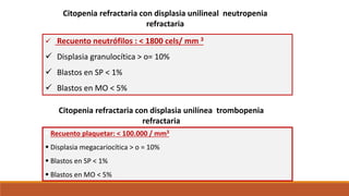Citopenia refractaria con displasia unilineal neutropenia
refractaria
Citopenia refractaria con displasia unilínea trombopenia
refractaria
 Recuento neutrófilos : < 1800 cels/ mm 3
 Displasia granulocítica > o= 10%
 Blastos en SP < 1%
 Blastos en MO < 5%
 Recuento plaquetar: < 100.000 / mm3
 Displasia megacariocítica > o = 10%
 Blastos en SP < 1%
 Blastos en MO < 5%
 