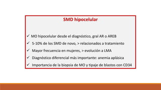 SMD hipocelular
 MO hipocelular desde el diagnóstico, gral AR o AREB
 5-10% de los SMD de novo, > relacionados a tratamiento
 Mayor frecuencia en mujeres, > evolución a LMA
 Diagnóstico diferencial más importante: anemia aplásica
 Importancia de la biopsia de MO y tipaje de blastos con CD34
 