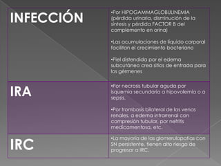 INFECCIÓN
            •Por HIPOGAMMAGLOBULINEMIA
            (pérdida urinaria, disminución de la
            síntesis y pérdida FACTOR B del
            complemento en orina)

            •Las acumulaciones de líquido corporal
            facilitan el crecimiento bacteriano

            •Piel distendida por el edema
            subcutáneo crea sitios de entrada para
            los gérmenes



IRA
            •Por necrosis tubular aguda por
            isquemia secundaria a hipovolemia o a
            sepsis.

            •Por trombosis bilateral de las venas
            renales, a edema intrarrenal con
            compresión tubular, por nefritis
            medicamentosa, etc.



IRC
            •La mayoría de las glomerulopatías con
            SN persistente, tienen alto riesgo de
            progresar a IRC.
 