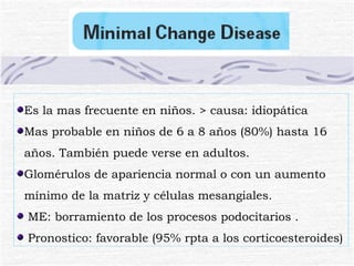 Es la mas frecuente en niños. > causa: idiopática Mas probable en niños de 6 a 8 años (80%) hasta 16 años. También puede verse en adultos. Glomérulos de apariencia normal o con un aumento mínimo de la matriz y células mesangiales. ME: borramiento de los procesos podocitarios . Pronostico: favorable (95% rpta a los corticoesteroides)  