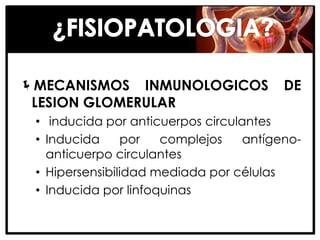 MECANISMOS INMUNOLOGICOS                DE
 LESION GLOMERULAR
 • inducida por anticuerpos circulantes
 • Inducida      por  complejos    antígeno-
   anticuerpo circulantes
 • Hipersensibilidad mediada por células
 • Inducida por linfoquinas
 