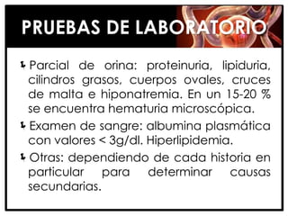 PRUEBAS DE LABORATORIO
Parcial de orina: proteinuria, lipiduria,
 cilindros grasos, cuerpos ovales, cruces
 de malta e hiponatremia. En un 15-20 %
 se encuentra hematuria microscópica.
Examen de sangre: albumina plasmática
 con valores < 3g/dl. Hiperlipidemia.
Otras: dependiendo de cada historia en
 particular para determinar causas
 secundarias.
 