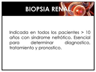 BIOPSIA RENAL


Indicada en todos los pacientes > 10
años con síndrome nefrótico. Esencial
para      determinar      diagnostico,
tratamiento y pronostico.
 