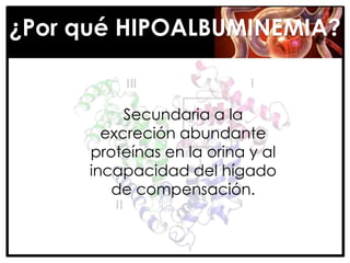 ¿Por qué HIPOALBUMINEMIA?


           Secundaria a la
        excreción abundante
      proteínas en la orina y al
      incapacidad del hígado
         de compensación.
 