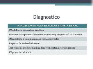 Diagnostico
INDICACIONES PARA REALIZAR BIOPSIA RENAL
SN adulto sin causa clara analítica
SN causa clara para establecer un pronostico y respuesta al tratamiento
SN resistente a tratamiento con corticoesteroides
Sospecha de amiloidosis renal
Diabeticos de evolucion atipica SIN retinopatia, deterioro rápido
SN primario del adulto
 