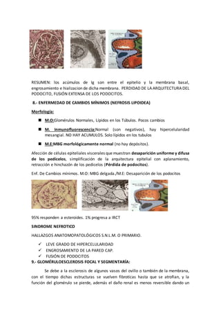 RESUMEN: los acúmulos de Ig son entre el epitelio y la membrana basal,
engrosamiento e hializacion de dicha membrana. PERDIDAD DE LA ARQUITECTURA DEL
PODOCITO, FUSIÓN EXTENSA DE LOS PODOCITOS.
8.- ENFERMEDAD DE CAMBIOS MÍNIMOS (NEFROSIS LIPOIDEA)
Morfología:
 M.O:Glomérulos Normales, Lípidos en los Túbulos. Pocos cambios
 M. Inmunofluorescencia:Normal (son negativos), hay hipercelularidad
mesangial. NO HAY ACUMULOS. Solo lípidos en los tubulos
 M.E:MBG morfológicamente normal (no hay depósitos).
Afección de células epiteliales viscerales que muestran desaparición uniforme y difusa
de los pedicelos, simplificación de la arquitectura epitelial con aplanamiento,
retracción e hinchazón de los pedicelos (Pérdida de podocitos).
Enf. De Cambios mínimos. M.O: MBG delgada./M.E: Desaparición de los podocitos
95% responden a esteroides. 1% progresa a IRCT
SINDROME NEFROTICO
HALLAZGOS ANATOMOPATOLÓGICOS S.N.L.M. O PRIMARIO.
 LEVE GRADO DE HIPERCELULARIDAD
 ENGROSAMIENTO DE LA PARED CAP.
 FUSIÓN DE PODOCITOS
9.- GLOMÉRULOESCLEROSIS FOCAL Y SEGMENTARÍA:
Se debe a la esclerosis de algunos vasos del ovillo o también de la membrana,
con el tiempo dichas estructuras se vuelven fibroticas hasta que se atrofian, y la
función del glomérulo se pierde, además el daño renal es menos reversible dando un
 