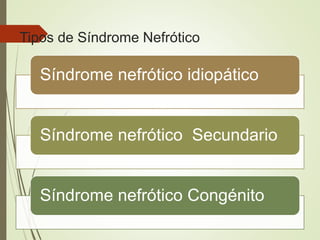 Tipos de Síndrome Nefrótico
Síndrome nefrótico idiopático
Síndrome nefrótico Secundario
Síndrome nefrótico Congénito
 