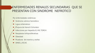 ENFERMEDADES RENALES SECUNDARIAS QUE SE
PRESENTAN CON SINDROME NEFROTICO
Por enfermedades sistémicas:
 Síndrome urémico hemolítico
 Lupus eritematoso
 Purpura de Henoch Schonlein
 Infecciones por Hepatitis B, HIV, TORCH
 Neoplasias linfoproliferativas
 Obesidad
 Picaduras de insectos y arañas
 AINES y IECAS
 