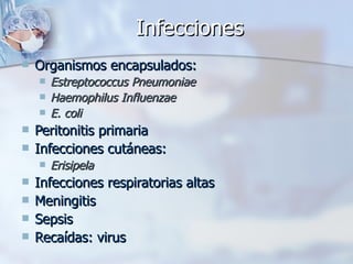 Infecciones Organismos encapsulados: Estreptococcus Pneumoniae Haemophilus Influenzae E. coli Peritonitis primaria Infecciones cutáneas: Erisipela Infecciones respiratorias altas Meningitis Sepsis Recaídas: virus 