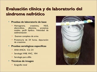 Evaluación clínica y de laboratorio del
síndrome nefrótico
    Pruebas de laboratorio de base
     • Hemograma,         creatinina,     NUS,
       electrolitos,    albúmina,     proteínas
       totales, perfil lipidico. Velocidad de
       sedimentación
     •   Examen completo de orina
     • Proteinuria de 24 horas, depuración
       de creatinina
    Pruebas serológicas específicas
     • ANA ANCA. C3, C4
     • Serología VHB, VHC, VIH
     • Serología para sífilis
    Técnicas de imagen
     • Ecografía renal
 