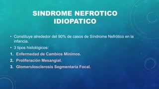 SINDROME NEFROTICO
IDIOPATICO
• Constituye alrededor del 90% de casos de Síndrome Nefrótico en la
infancia.
• 3 tipos histológicos:
1. Enfermedad de Cambios Mínimos.
2. Proliferación Mesangial.
3. Glomerulosclerosis Segmentaria Focal.
 