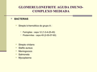 GLOMERULONEFRITE AGUDA IMUNOCOMPLEXO MEDIADA
 BACTERIAS


Strepto b-hemolitico do grupo A :









Faringites : cepa 12 (1-3-4-25-49)
Piodermites : cepa 49 (2-55-57-60)

Strepto viridans
Stafilo aureus
Meningococo
Salmonela
Mycoplasma

 