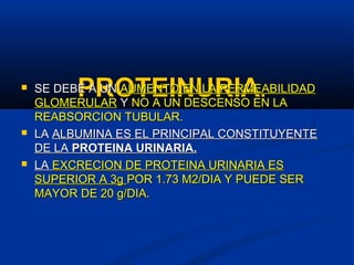 PROTEINURIAPROTEINURIA.. SE DEBE A UNSE DEBE A UN AUMENTO EN LA PERMEABILIDADAUMENTO EN LA PERMEABILIDAD
GLOMERULARGLOMERULAR YY NO A UN DESCENSO EN LANO A UN DESCENSO EN LA
REABSORCION TUBULAR.REABSORCION TUBULAR.
 LALA ALBUMINA ES EL PRINCIPAL CONSTITUYENTEALBUMINA ES EL PRINCIPAL CONSTITUYENTE
DE LADE LA PROTEINA URINARIA.PROTEINA URINARIA.
 LALA EXCRECION DE PROTEINA URINARIA ESEXCRECION DE PROTEINA URINARIA ES
SUPERIOR A 3gSUPERIOR A 3g POR 1.73 M2/DIA Y PUEDE SERPOR 1.73 M2/DIA Y PUEDE SER
MAYOR DE 20 g/DIA.MAYOR DE 20 g/DIA.
 