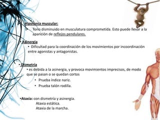 •   Hipotonía muscular:
     • Tono disminuido en musculatura comprometida. Esto puede llevar a la
        aparición de reflejos pendulares.
• Asinergia
     • Dificultad para la coordinación de los movimientos por incoordinación
     entre agonistas y antagonistas.


• Dismetría
     • es debida a la asinergia, y provoca movimientos imprecisos, de modo
     que se pasan o se quedan cortos
           • Prueba índice nariz.
           • Prueba talón rodilla.


•Ataxia: con dismetría y asinergia.
          Ataxia estática.
          Ataxia de la marcha.
 