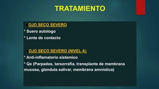 TRATAMIENTO
●OJO SECO SEVERO
* Suero autologo
* Lente de contacto
●OJO SECO SEVERO (NIVEL 4):
* Anti-inflamatorio sistemico
* Qx (Parpados, tarsorrafia, transplante de membrana
mucosa, glandula salivar, membrana amniotica)
 