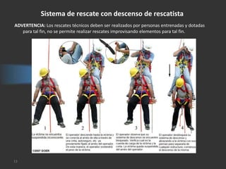 Sistema de rescate con descenso de rescatista
ADVERTENCIA: Los rescates técnicos deben ser realizados por personas entrenadas y dotadas
   para tal fin, no se permite realizar rescates improvisando elementos para tal fin.




13
 