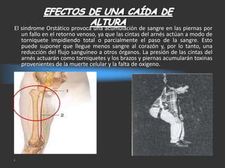 El sindrome Orstático provoca una acumulación de sangre en las piernas por
   un fallo en el retorno venoso, ya que las cintas del arnés actúan a modo de
   torniquete impidiendo total o parcialmente el paso de la sangre. Esto
   puede suponer que llegue menos sangre al corazón y, por lo tanto, una
   reducción del flujo sanguíneo a otros órganos. La presión de las cintas del
   arnés actuarán como torniquetes y los brazos y piernas acumularán toxinas
   provenientes de la muerte celular y la falta de oxigeno.




4
 