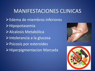 MANIFESTACIONES CLINICAS
Edema de miembros inferiores
Hipopotasemia
Alcalosis Metabólica
Intolerancia a la glucosa
Psicosis por esteroides
Hiperpigmentacion Marcada
 