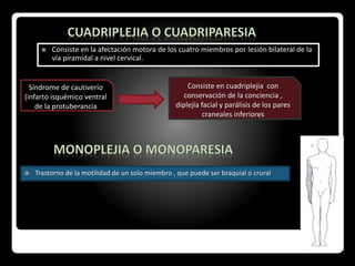  Consiste en la afectación motora de los cuatro miembros por lesión bilateral de la
vía piramidal a nivel cervical.
Síndrome de cautiverio
(infarto isquémico ventral
de la protuberancia
Consiste en cuadriplejia con
conservación de la conciencia ,
diplejía facial y parálisis de los pares
craneales inferiores
 Trastorno de la motilidad de un solo miembro , que puede ser braquial o crural
 