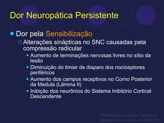 Dor Neuropática Persistente Dor pela  Sensibilização Alterações sinápticas no SNC causadas pela compressão radicular Aumento de terminações nervosas livres no sítio da lesão Diminuição do limiar de disparo dos nociceptores periféricos Aumento dos campos receptivos no Corno Posterior da Medula (Lâmina II) Inibição dos neurônios do Sistema Inibitório Cortical Descendente Failed Back Surgery Syndrome Marcelo B Tournier - HCFMUSP 
