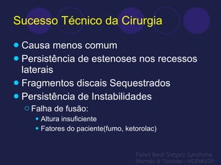 Sucesso Técnico da Cirurgia Causa menos comum Persistência de estenoses nos recessos laterais Fragmentos discais Sequestrados Persistência de Instabilidades Falha de fusão: Altura insuficiente Fatores do paciente(fumo, ketorolac) Failed Back Surgery Syndrome Marcelo B Tournier - HCFMUSP 