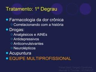 Tratamento: 1º Degrau Farmacologia da dor crônica Correlacionando com a história Drogas: Analgésicos e AINEs Antidepressivos Anticonvulsivantes Neurolépticos Acupuntura EQUIPE MULTIPROFISSIONAL Failed Back Surgery Syndrome Marcelo B Tournier - HCFMUSP 