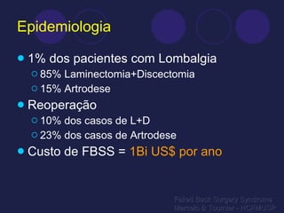 Epidemiologia 1% dos pacientes com Lombalgia 85% Laminectomia+Discectomia 15% Artrodese Reoperação 10% dos casos de L+D 23% dos casos de Artrodese Custo de FBSS =  1Bi US$ por ano Failed Back Surgery Syndrome Marcelo B Tournier - HCFMUSP 