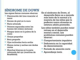SÍNDROME DE DOWN
Los signos físicos comunes abarcan:
 Disminución del tono muscular al
nacer
 Exceso de piel en la nuca
 Nariz achatada
 Uniones separadas entre los
huesos del cráneo (suturas)
 Pliegue único en la palma de la
mano
 Orejas pequeñas
 Boca pequeña
 Ojos inclinados hacia arriba
 Manos cortas y anchas con dedos
cortos
 Manchas blancas en la parte
coloreada del ojo (manchas de
Brushfield)
En el síndrome de Down, el
desarrollo físico es a menudo
más lento de lo normal y la
mayoría de los niños que lo
padecen nunca alcanzan su
estatura adulta promedio.
Los niños también pueden tener
retraso en el desarrollo
mental y social. Los
problemas comunes pueden
abarcar:
 Comportamiento impulsivo
 Deficiencia en la capacidad
de discernimiento
 Período de atención corto
 Aprendizaje lento
 